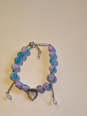 Pastel Blue & Pink Heart Charm Beaded Bracelet - Women Jewelry